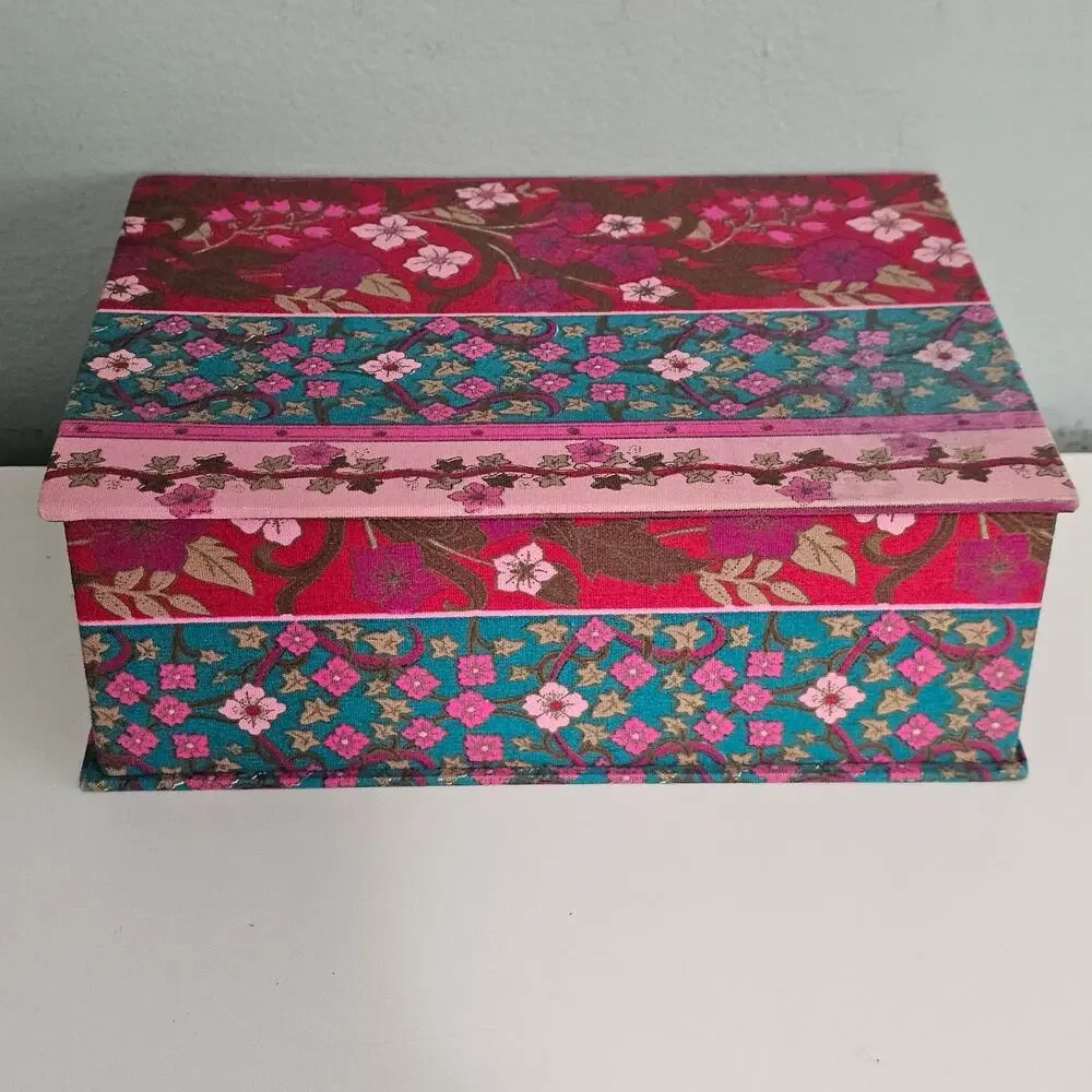 Oscar De La Renta Floral Patchwork Striped Fabric Jewelry Box Cottagecore